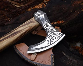 Hand Forged Viking Axe, Carbon Steel Hatchet, Ash Wood Handle, Leather Sheath Tool