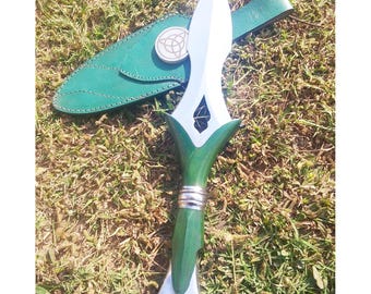 Celtic Triquetra Athame with Green Leather Sheath, Handmade Decorative Dagger, Norse Viking Inspired Collectible, Fantasy Gift