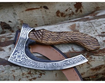 Handmade Viking Style Pizza Cutter Axe, 13 Inch Carbon Steel Cutter, Engraved Ash Wood Handle, Leather Sheath Included