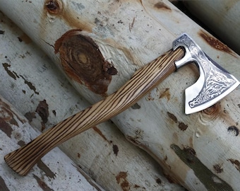 Custom Hand Forged Carbon Steel Viking Style Axe with Leather Sheath, Handmade Ash Wood Handle, Rustic Gift for Father, Groomsmen Gift