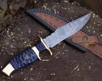 12" Handmade Damascus Steel Knife with Leather Sheath – Custom Pakka Wood Handle Outdoor Tool, Rustic Gift for Him
