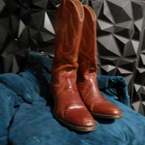 Puede incluir: Un par de botas vaqueras altas de cuero color coñac con un patrón de textura similar a la piel de lagarto en el pie y la parte inferior de la caña. Las botas tienen punta afilada, tacón apilado y patrones de costura decorativos.