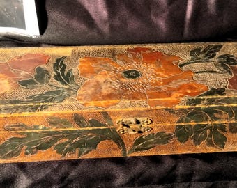 Title Etsy/eBay Vintage Hand Carved Folk Art Wooden Box Dated 1907 Floral Tramp Art Style