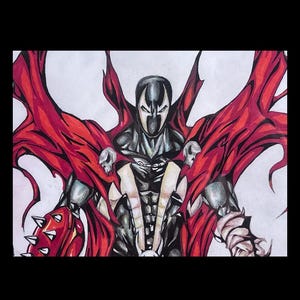 May include: A detailed illustration of the comic book character Spawn. The character is depicted in a black and grey suit with a red cape. The artwork features intricate details and shading, with a focus on the character's muscular physique and menacing expression.