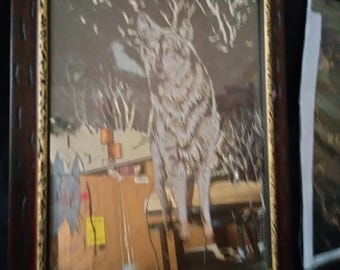 Vintage Wolf Mirror Etched Glass Framed Picture, Howling Wolf Cabin Decor, 80s 90s Mountain Lodge Wall Art, Wildlife Nature Lover Gift, Rust