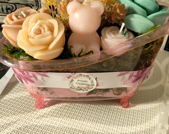 Mini Bathtub Candle Gift Set - Self Care Scented Soy Candles - Cute Teddy Bear and Floral Decorative Candles - Aesthetic Bathroom Decor Gift