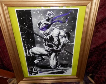 Bowie Signed TMNT Donatello Black & White Purple Art Print Framed Ninja Turtles