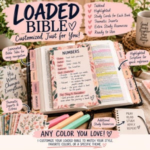 May include: An open Bible with pink floral-patterned tabs, highlighted text, and a study card titled Numbers. The card lists themes, authors, and dates. Additional items include a small spiral notebook with text, floral inserts, and highlighters.