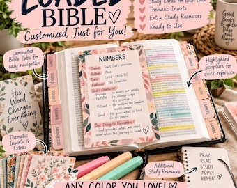 May include: An open Bible featuring laminated tabs, highlighted text, and floral-patterned study inserts. The pages include a card titled Numbers with details on themes, authors, and dates. Includes markers and a small notebook with the text Pray Read Study Apply Repeat.