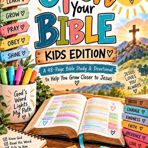 May include: A 48-page Bible study and devotional book titled Open Your Bible Kids Edition. The cover features colorful text, a mountain landscape with a cross, a mug with markers, a notebook, and a stack of wooden blocks labeled with virtues.