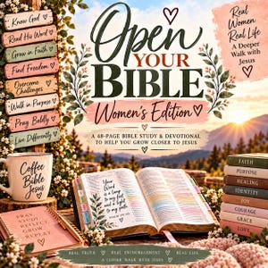 May include: A 48-page Bible study and devotional book titled Open Your Bible Women's Edition, featuring an open Bible with Psalm 119:105, a pink spiral notebook, a white mug with Coffee Bible Jesus text, and a stack of books labeled with virtues.