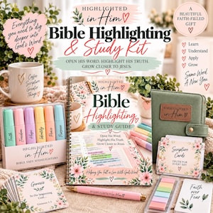 May include: A Bible highlighting and study kit featuring a spiral-bound guide, a set of six pastel highlighters labeled Truth, Freedom, Hope, Identity, Peace, and Purpose, a pink pen, a green journal, scripture cards, and a white coffee mug.