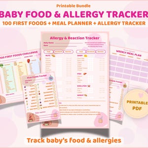Puede incluir: Un paquete imprimible con rastreadores de alimentos y alergias para bebés. El paquete incluye un desafío de 100 primeros alimentos, un planificador de comidas y un rastreador de alergias y reacciones. El texto dice: "Rastrea la comida y las alergias del bebé."