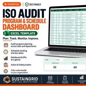 Könnte beinhalten: Eine Excel-Vorlage für ein ISO-Audit-Programm- und Zeitplan-Dashboard auf einem Laptop-Bildschirm. Die Benutzeroberfläche zeigt Datentabellen, Audit-Status-Diagramme und Filteroptionen zur Nachverfolgung von Audits und Fristen.