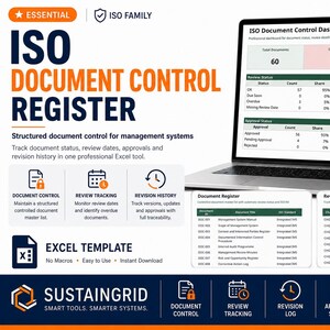 Könnte beinhalten: Eine ISO-Dokumentenkontrollregister-Excel-Vorlage auf einem Laptop-Bildschirm. Die Benutzeroberfläche zeigt ein ISO-Dokumentenkontroll-Dashboard, ein Dokumentenregister und ein Revisionsprotokoll mit Tabellen zur Status- und Revisionsverfolgung.