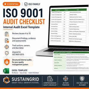 May include: An ISO 9001 Audit Checklist Excel template displayed on a laptop screen. The graphic includes text detailing audit areas, clauses, and topics, alongside status tables, instruction boxes, and an action overview chart for quality management.