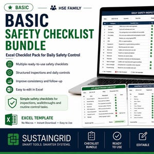 May include: A digital safety checklist bundle displayed on a laptop screen and three printed cards. The text reads Basic Safety Checklist Bundle, Excel Checklist Pack for Daily Safety Control, SustainGrid, and various checklist headers and items.
