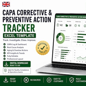 May include: A laptop displays an Excel template for CAPA (Corrective and Preventive Action) tracking. The screen shows a dashboard with charts and data visualizations. Text on the screen includes "CAPA Tracker" and "Excel Template". The image also includes the British flag.