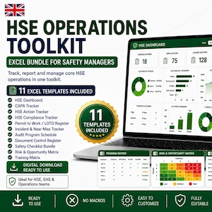 HSE-operationele toolkit in Excel-bundel | Veiligheids-KPI-dashboard, CAPA-tracker, risicomatrix, trainings- en auditsjablonen