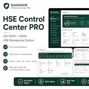 以下が含まれることがあります： SustainGrid HSE Control Center PROのダッシュボードを表示するノートパソコンの画面。ダークグリーンと白のインターフェース要素で構成され、HSEエグゼクティブ概要、パフォーマンス指標、OSHA記録センターの表が表示されています。