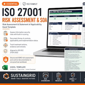May include: A laptop displaying an ISO 27001 Risk Assessment and Statement of Applicability Excel template. The screen shows a dashboard with risk metrics, a risk register, and control implementation status. Text includes ISO 27001 Risk & SOA.