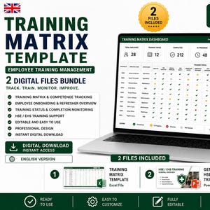 Könnte beinhalten: Eine digitale Trainingsmatrix-Vorlage für das Mitarbeitermanagement auf einem Laptop-Bildschirm. Das Dashboard enthält Spalten für Mitarbeiternamen, Abteilungen und Trainingsthemen mit Statusanzeigen. Enthält eine Excel- und eine PowerPoint-Datei.