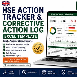 Könnte beinhalten: Ein Laptop zeigt eine Excel-Vorlage für HSE Action Tracker & Corrective Action Log. Der Bildschirm zeigt Datenvisualisierungen, einschließlich Diagrammen und Grafiken, mit wichtigen Kennzahlen wie Gesamtaktionen, offenen Aktionen und Abschlussraten. Die Vorlage ist vollständig editierbar.