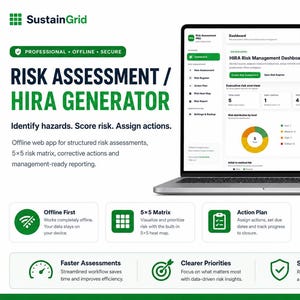 Puede incluir: Un ordenador portátil que muestra el software SustainGrid HIRA Risk Management Dashboard. La pantalla presenta datos de evaluación de riesgos, gráficos y una matriz 5x5. El texto incluye Risk Assessment / HIRA Generator, Identify hazards.