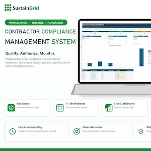 Könnte beinhalten: Eine digitale Anzeige des SustainGrid Contractor Compliance Management Systems, einer Excel-Arbeitsmappe mit einem Dashboard, das Diagramme, Tabellen und Datenvisualisierungen zur Überwachung von Bereitschaft, Dokumenten und Leistung enthält.