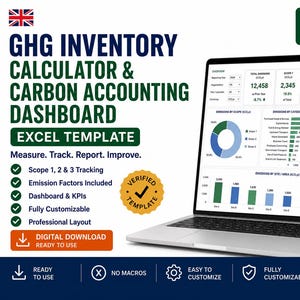 Könnte beinhalten: Ein Laptop zeigt eine Excel-Vorlage für ein GHG-Inventar-Rechner & Carbon Accounting Dashboard. Der Bildschirm zeigt Datenvisualisierungen, Diagramme und Grafiken. Text beinhaltet "Messen. Verfolgen. Berichten. Verbessern." und "Digitaler Download sofort einsatzbereit."