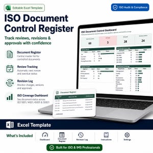 ISO Document Control Register Excel Template  Document Review Tracker  Revision Log  ISO 9001 14001 45001 50001