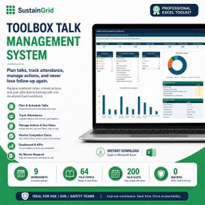 May include: A digital Toolbox Talk Management System Excel toolkit by SustainGrid displayed on a laptop screen. The interface features a dashboard with charts, tables, and metrics for tracking safety talks, attendance, and actions, including 9 worksheets.