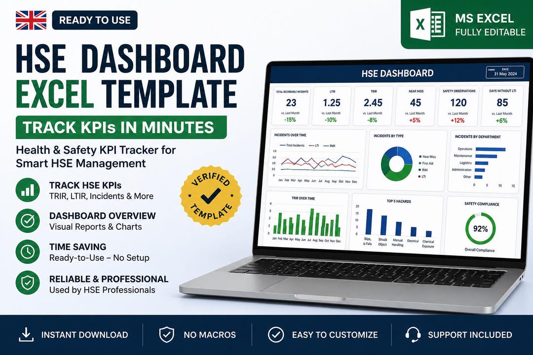HSE Dashboard Excel Template EHS Safety KPI Tracker, Incident & Near ...
