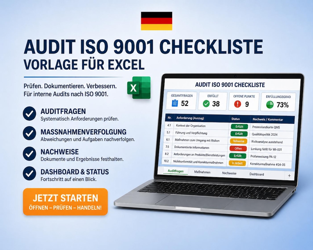 DIN EN ISO 9001 Audit Checklist Excel | Template for Internal Audits ...