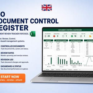 Könnte beinhalten: Ein Laptop zeigt ein ISO-Dokumenten-Kontrollregister-Dashboard. Der Bildschirm zeigt Datenvisualisierungen und Diagramme. Der Text enthält "Document Review Tracker for Excel", "Controlled Documents", "Review Dates" und "Revision Log".