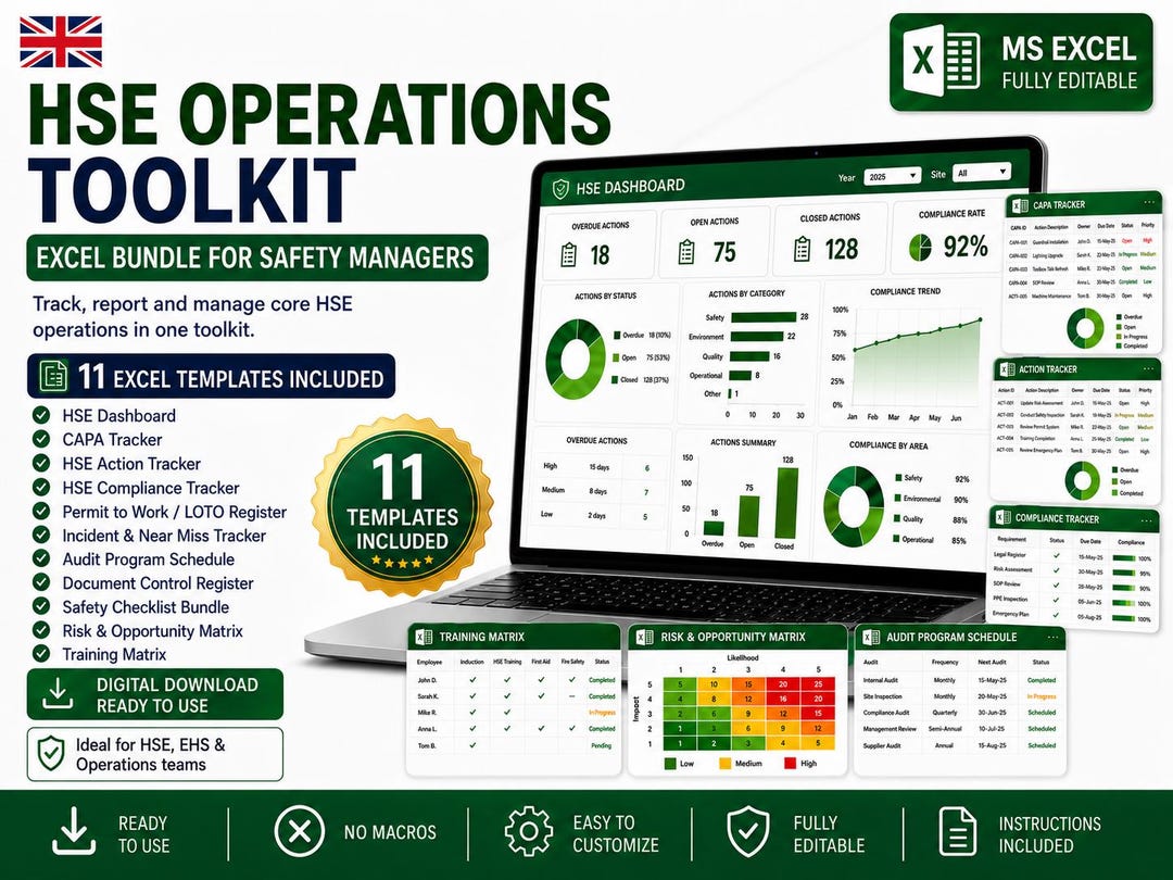 HSE Operations Toolkit Excel Bundle | Safety KPI Dashboard, CAPA ...