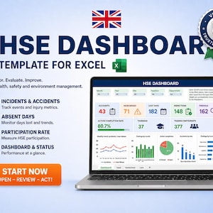 Plantilla de Excel para panel de control de HSE: Seguimiento de KPI de salud y seguridad, informes de auditoría de incidentes y cuasi accidentes, sin macros.