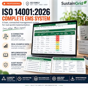 Może przedstawiać: Cyfrowy system zarządzania środowiskowego ISO 14001:2026 wyświetlony na ekranie laptopa z rejestrem aspektów środowiskowych, dwoma wydrukowanymi dokumentami audytowymi oraz tekstem opisującym główne pliki, procedury audytowe i przewodniki wdrożeniowe.