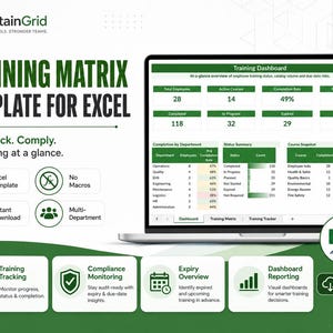 Könnte beinhalten: Eine digitale Schulungsmatrix-Vorlage für Excel auf einem Laptop-Bildschirm, die ein grün-weißes Dashboard mit Datentabellen, Diagrammen und Kennzahlen zur Überwachung des Fortschritts und der Einhaltung von Mitarbeiterschulungen zeigt.
