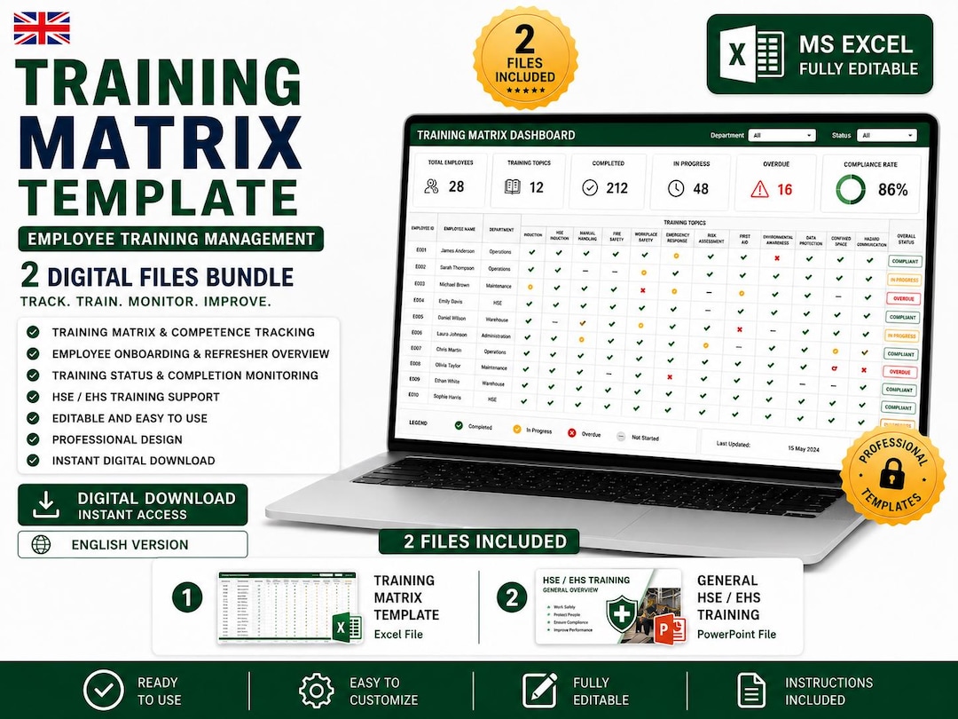 Training Matrix Template Bundle | Excel Employee Training Tracker &amp; HSE EHS Safety Training ...