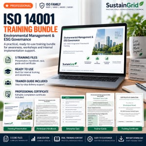 Könnte beinhalten: Ein Laptop zeigt ein ISO 14001 Schulungspaket für Umweltmanagement und ESG-Governance. Unter dem Laptop liegen fünf Dokumente: eine Schulungspräsentation, ein Teilnehmerhandbuch, ein Quiz, ein Trainerleitfaden und ein Zertifikat.