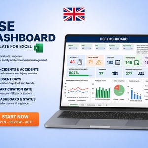 May include: A laptop displays an HSE Dashboard template for Excel, with data visualizations and key performance indicators. The screen shows charts and metrics for incidents, absent days, and participation rate. The text reads "Start Now".