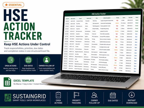 HSE Action Tracker Excel Template  Corrective Action Log  Safety Audit Follow Up Dashboard  No Macros