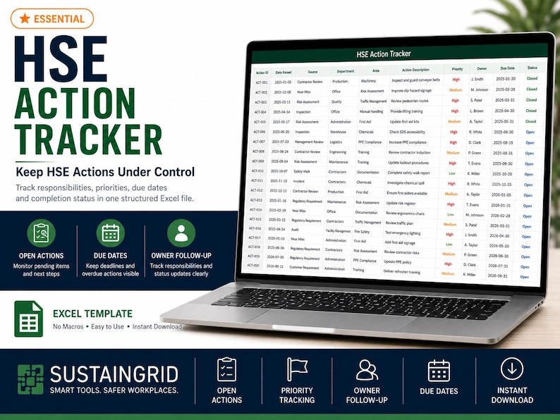 Pu&ograve; includere: Un computer portatile che mostra un modello Excel HSE Action Tracker. Lo schermo visualizza una tabella con colonne per ID azione, data, evento, dipartimento, area, descrizione, priorit&agrave;, proprietario, data di scadenza e stato.
