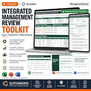 May include: An Integrated Management Review Toolkit featuring Excel, PowerPoint, and Word templates for ISO 9001, 14001, 45001, and 50001 standards. The display shows a laptop and tablet screen with dashboards, KPI registers, action trackers, and meeting minutes.
