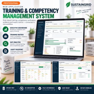 May include: A laptop displaying the SustainGrid Training & Competency Management System web application, featuring an executive dashboard, training matrix, and audit passport. A white mug with the text People Skills Safer Operations sits nearby.