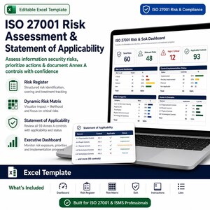 ISO 27001 Risk Assessment & SoA Excel Template | ISMS Risk Register | Statement of Applicability | Information Security Tool
