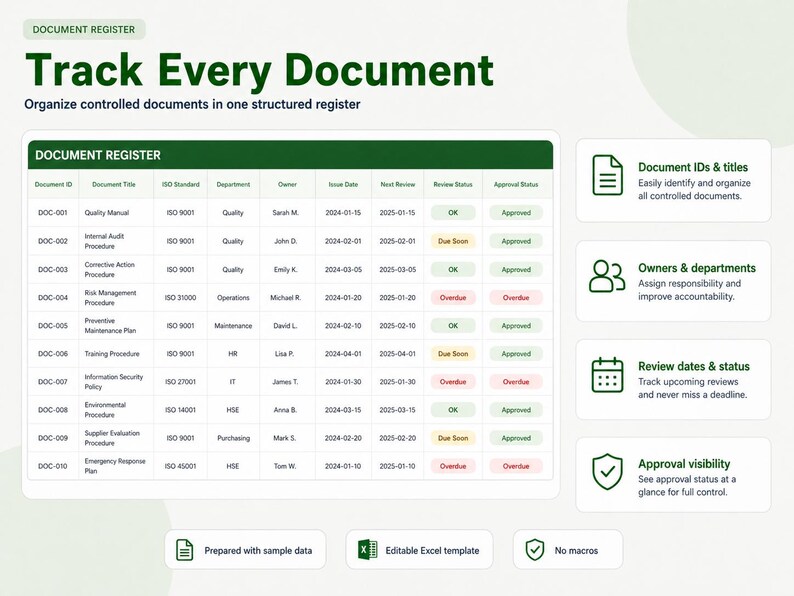 ISO Document Control Register Excel Template Document Review Tracker ...