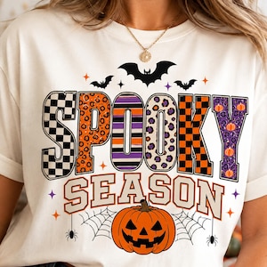 Retro-Halloween-Design (PNG) mit gruseliger, koketter Figur, mädchenhaftes Leopardenmuster für Halloween, süßes Herbst-Sublimations-Design (PNG), digitaler Download für die Gruselsaison