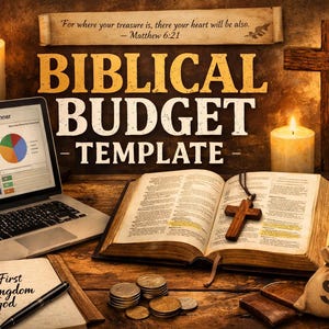 May include: A still-life image featuring a laptop displaying a budget planner, an open Bible with a wooden cross, and a money bag. The words "BIBLICAL BUDGET TEMPLATE" are prominently displayed. Candles and a wooden cross add to the religious theme.